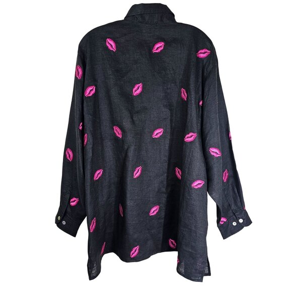 Casey Coleman Black Linen Button Up Shirt 2X Embroidered Pink Lip Artsy Eclectic - Picture 2 of 10